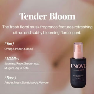 Unove Silk Oil Essence 70ml for hair, featuring a warm petal scent and lightweight nourishing formula in a clear bottle.