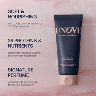 Unove Deep Damage Treatment EX for hair in 207mL bottle with warm petal design, nourishing and repairing damaged hair.