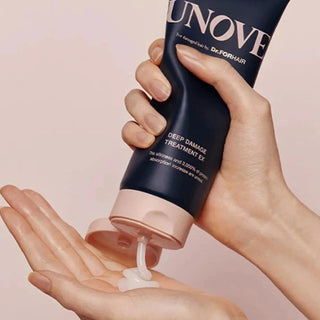 Unove Deep Damage Treatment EX bottle, 207mL, hair treatment with warm petal scent, designed to repair and nourish damaged hair.