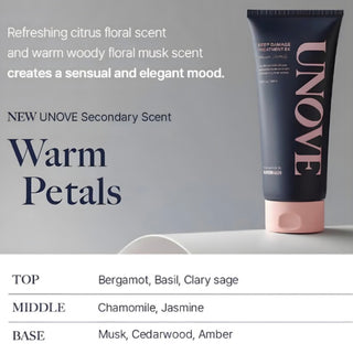 Unove Deep Damage Treatment EX 207mL hair treatment bottle with warm petal design and product label visible.