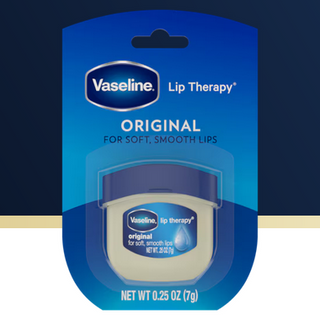 Vaseline Lip Therapy mini jar in original scent, 7g, showing a clear plastic container with a white lid and Vaseline branding.