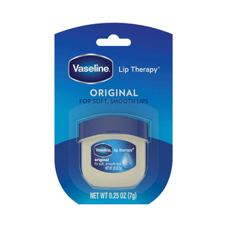 Vaseline Lip Therapy Mini Jar 7g with two scents, showing a small, round Vaseline lip balm container with a smooth lid.