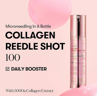 VT Cosmetics Collagen Pink Reedle Shot 100 ampoule in a clear glass vial with pink liquid, showcasing the skincare product.