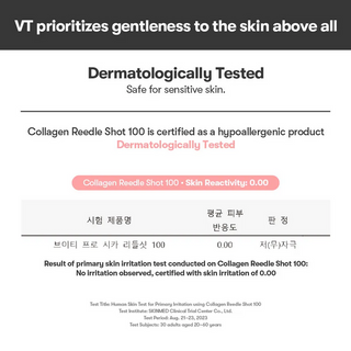 VT Cosmetics Collagen Pink Reedle Shot 300 ampoule in a clear bottle with pink label, highlighting collagen skincare benefits.