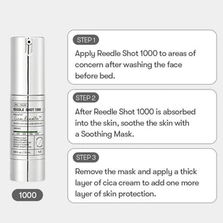 VT Cosmetics Reedle Shot 1000 ampule in a 15mL bottle, shown in a clear container with a white cap and label.