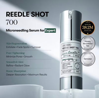 VT Cosmetics Cica Reedle Shot 700 essence bottle, clear glass container with dropper for skincare application.