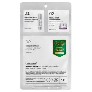 VT Cosmetics Reedle Shot All-in-One 3-Step Face Mask with 1.5g, 1.5g, and 25g masks for skincare.