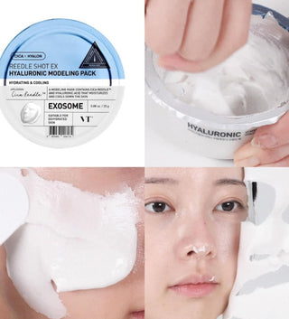 VT Cosmetics Reedle Shot Ex Hyaluronic Modeling Pack 25g face mask applied on a person's face, showcasing its hydrating skincare formula.
