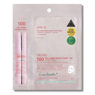 VT Cosmetics Collagen Pink Reedle Shot 2-Step Face Sheet Mask with 1.5g and 25g sections, hydrating skincare treatment.