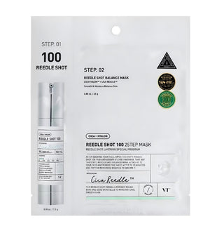 VT Cosmetics Reedle Shot 100 2-Step Face Sheet Mask, 1.5g, showing the mask sheets and packaging.