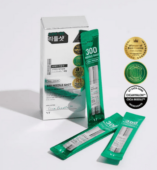 VT Cosmetics Reedle Shot 300 serum and cream stick pouches, 2mL each, displayed in a pack of 10, portable skincare product.