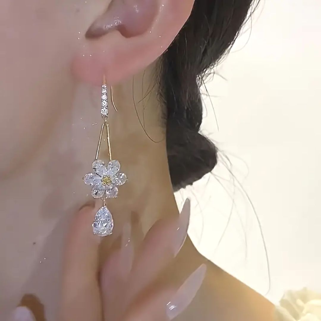 Water Drop Crystal Flower Earrings